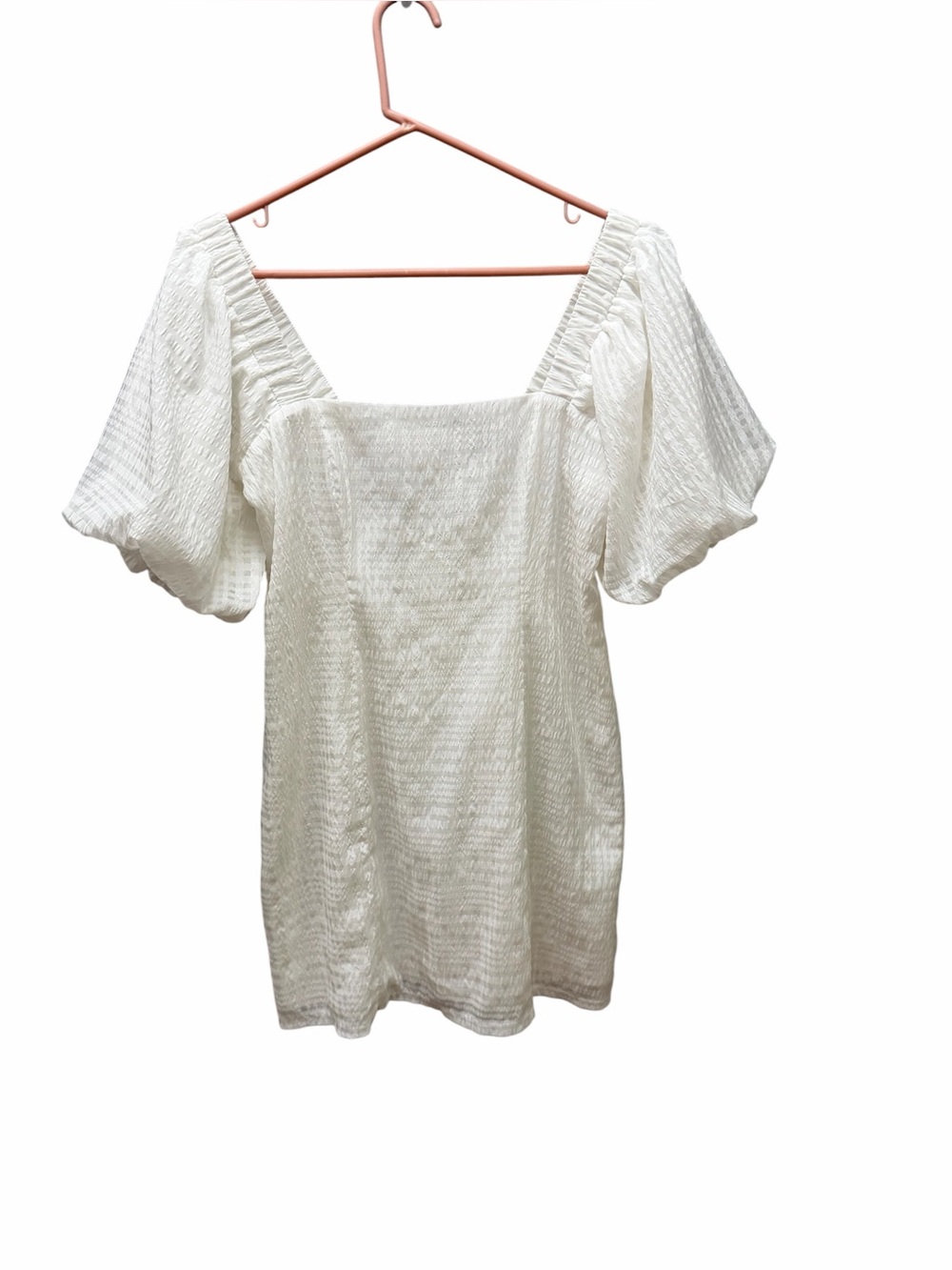 Lululs Strolling the Seine White Plaid Burnout Puff Sleeve Mini Dress. Size L